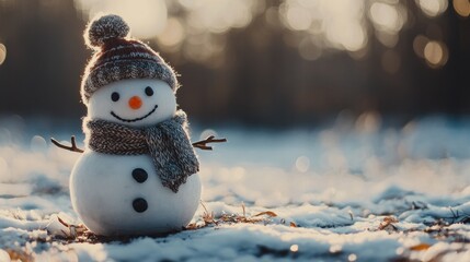 Obraz premium Snowman on the snowy ground wearing a hat and a knitted scarf with a gorgeous and classy bokeh background 