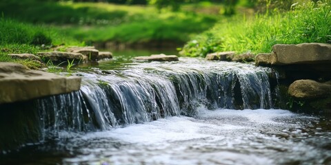 Obraz premium Delicate little waterfalls merge into a serene small river, creating a peaceful landscape. The beauty of little waterfalls cascading into a small river captivates nature lovers and photographers