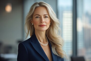 Fototapeta premium Confident businesswoman with blonde hair, wearing a navy blue suit and pearl necklace, posing in an office setting.