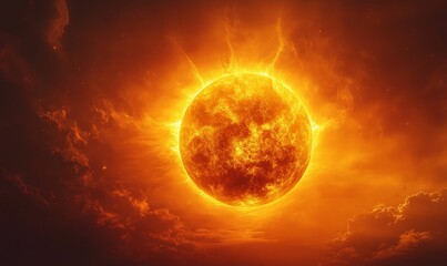 Obraz premium Fiery celestial body, intense orange glow, cosmic clouds.