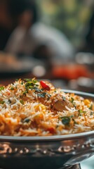 Delicious Chicken Biryani in a Metallic Bowl