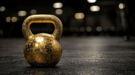 Shiny Golden Kettlebell on a Gym Floor with Blurred Background