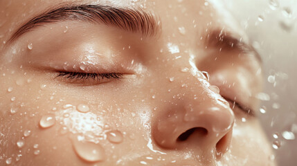 Fototapeta premium Close-Up of a Relaxed Woman's Face with Water Droplets, Highlighting Skin Texture and Natural Beauty, Capturing the Essence of Hydration and Serenity in a Soft Light Environment