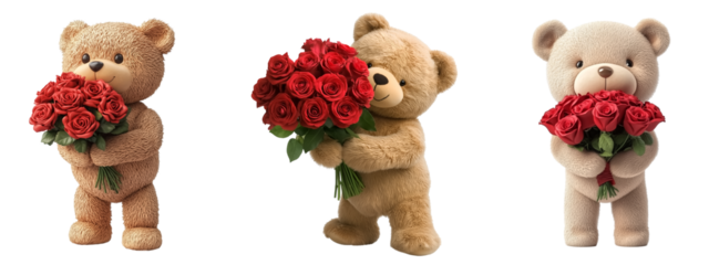 Teddy bear with a bouquet of red roses on transparent background. Concept of  love and affection