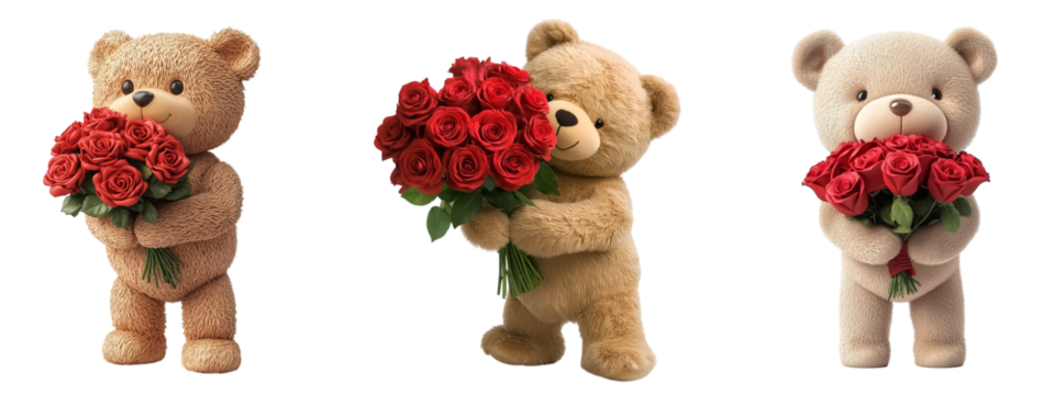 Teddy bear with a bouquet of red roses on transparent background. Concept of  love and affection