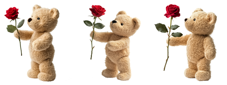 Teddy bear with a red roses on transparent background. Concept of  love and affection