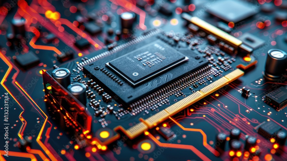 Poster close-up of a computer processor on a circuit board with glowing red traces.