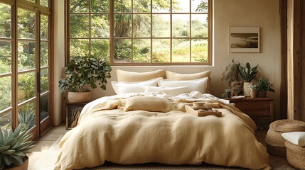 Fototapeta premium A cozy, eco-conscious bedroom with linen bedding in muted ochre and beige, paired with natural wood accents, soft wool rugs, and potted succulents. --ar 16:9