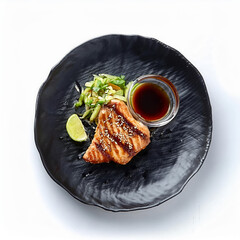 Teppanyaki Style Salmon - Grilled Salmon Fillet with Soy Sauce and Vegetables. Japanese Teppanyaki Salmon Steak garnished with lemon and green bean leaf. Black asian plate on white background top view