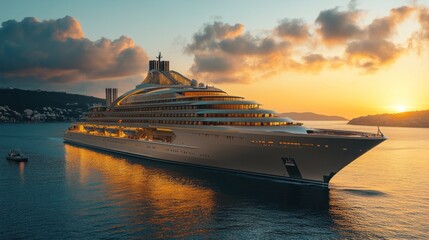 A luxurious cruise ship sailing at sunset, reflecting golden hues on the water.