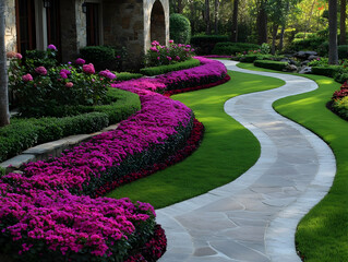 Obraz premium Landscaping Photo: Winding Stone Path Purple Flowers