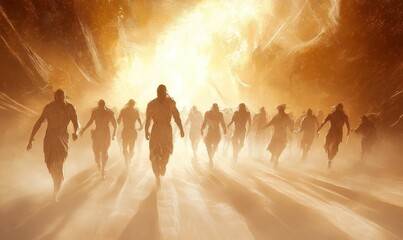 Fototapeta premium Golden figures walk toward bright light.