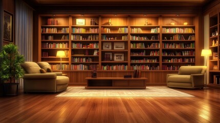A Luxurious Library With Wooden Bookcases And Comfortable Chairs