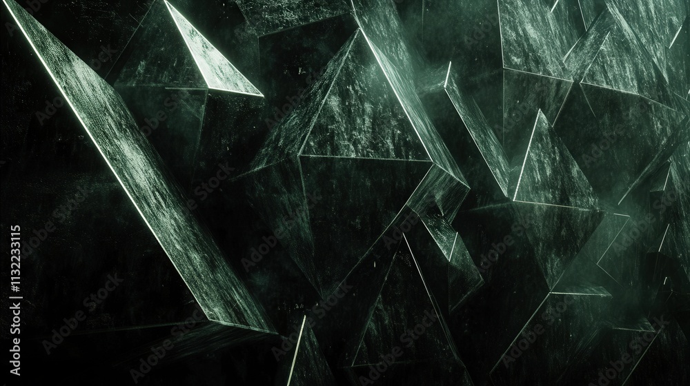 Poster Create a dark, futuristic backdrop with triangular blocks that form a high-tech, interlocking structure.