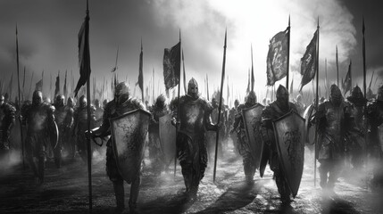 Armored soldiers march, shields raised, through murky water.