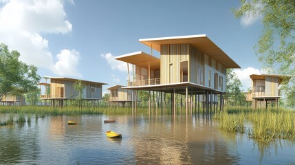 Obraz premium Create a design plan for a flood-resistant housing complex in a flood-prone region. Incorporate stilts, elevated foundations