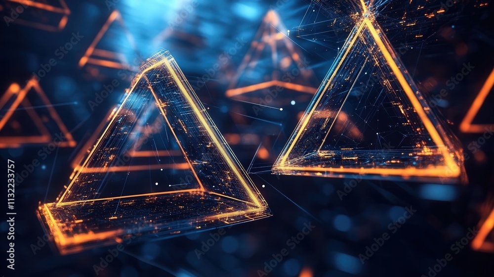 Poster Create a futuristic, dark backdrop with interconnected triangular blocks that build a high-tech structure. Each triangle is highlighted by cool tones,