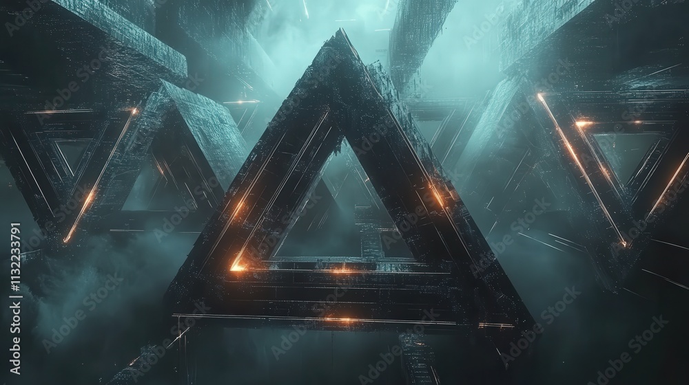 Poster Create a futuristic, dark backdrop with interconnected triangular blocks that build a high-tech structure. Each triangle is highlighted by cool tones,