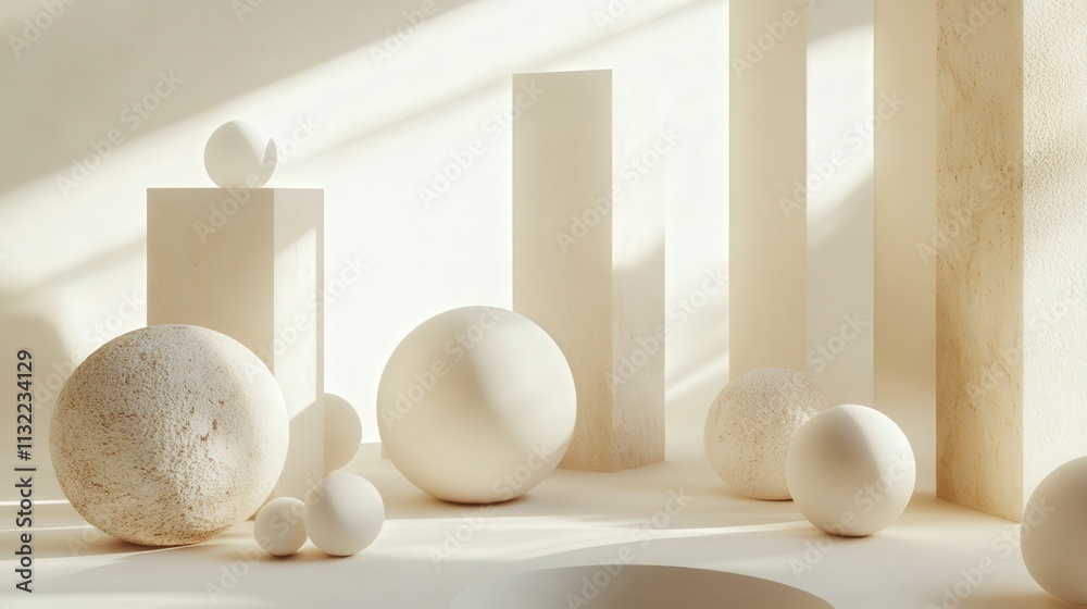 Poster create a modern, weightless composition with abstract shapes floating effortlessly in a soft white 3
