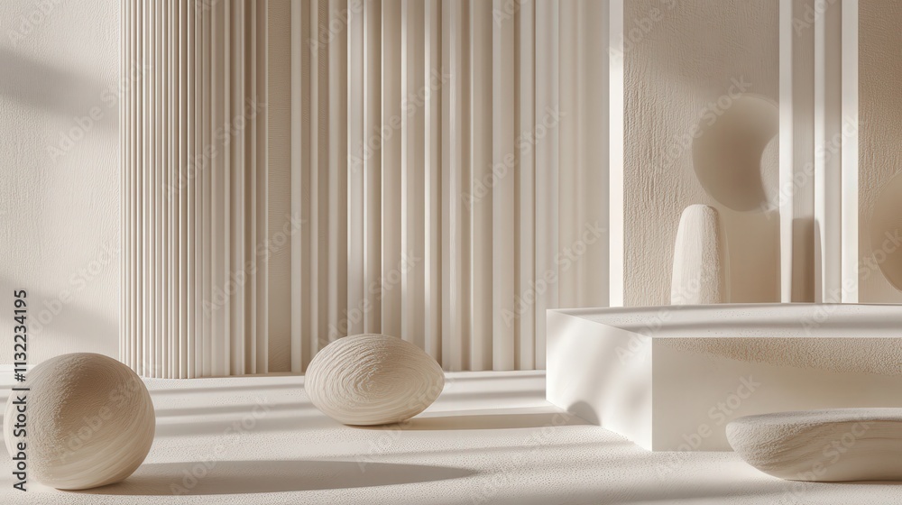 Poster create a modern, weightless composition with abstract shapes floating effortlessly in a soft white 3