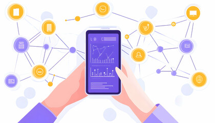 Hands holding smartphone displaying interconnected data; network visualization; digital data analysis; business analytics; mobile technology.