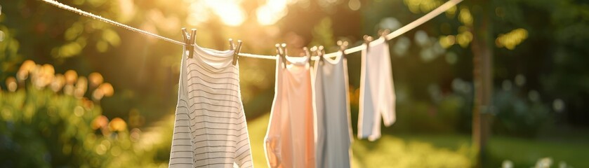Sunlit clothes drying outdoors on a line