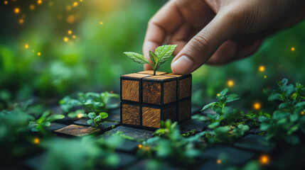 Sustainable Environment: Hand Placing Wooden Cube in ESG Icon Concept