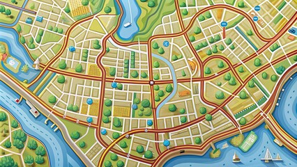 Obraz premium A detailed road map featuring winding roads, landmarks, and points of interest , navigation, travel, directions