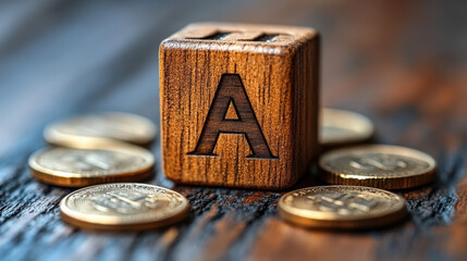 Human Hand Placing Wooden Cube Next to Inflation Word on Coins