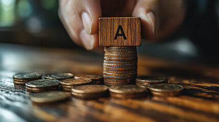 Inflation Concept: Hand Putting Wooden Cube on Coin with "A" Word, Financial Growth Symbol