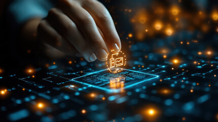 Digital Technology Concept with Hand Touching Document Icon on Virtual Screen