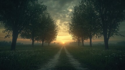 A serene landscape at sunset, featuring a path lined with trees and lush greenery.