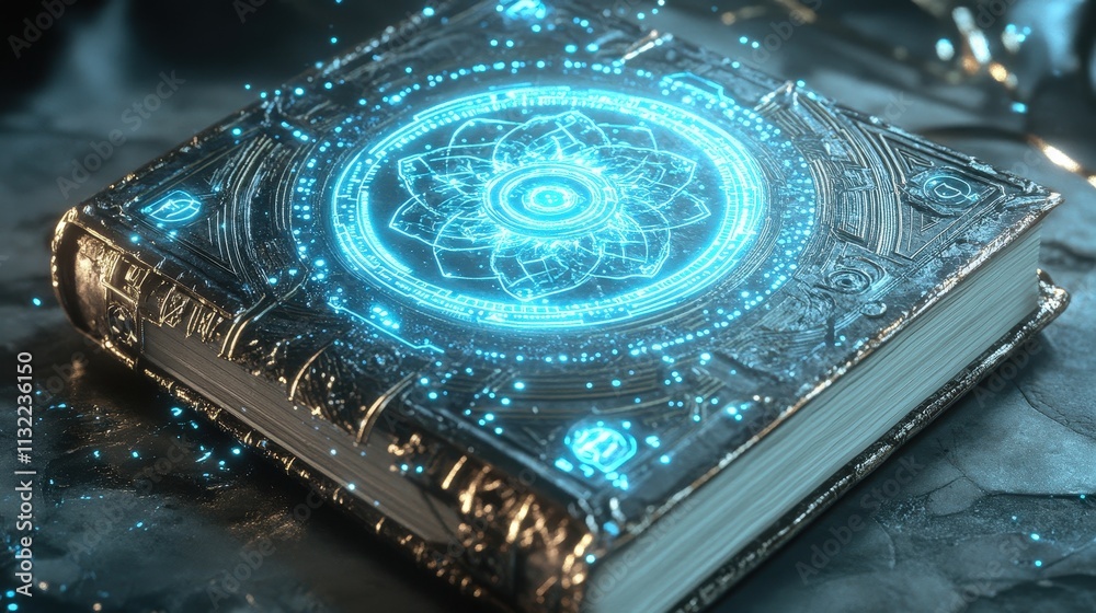 Poster create a scene with a futuristic notebook where an intricate mandala design glows on the cover, conn