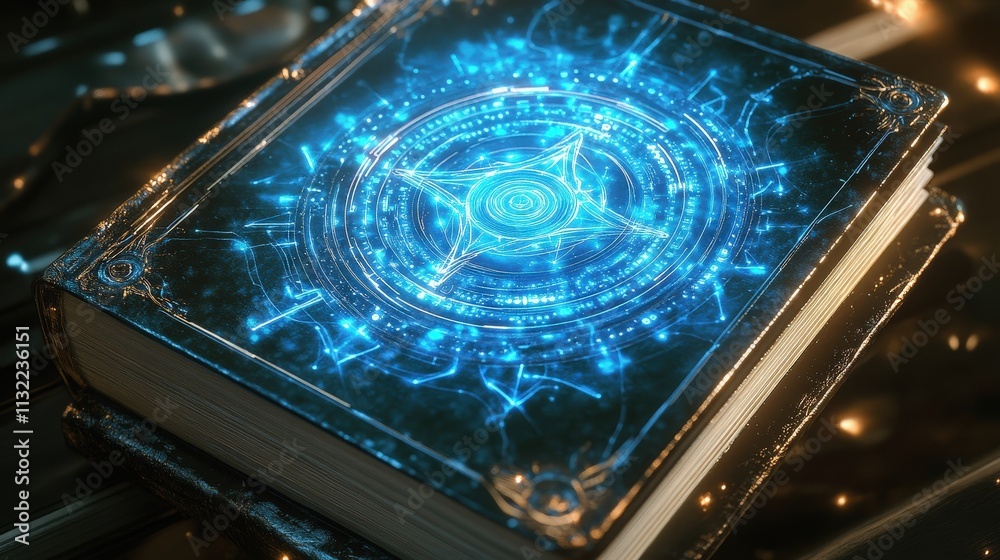 Poster create a scene with a futuristic notebook where an intricate mandala design glows on the cover, conn