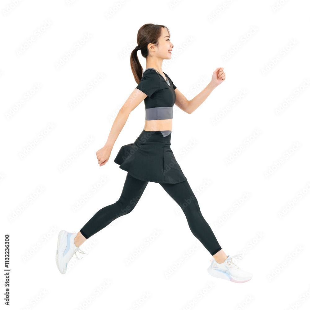 Aufkleber スポーツウェアを着てジャンプする女性　手作業で精密に切り抜いた背景透過全身写真png