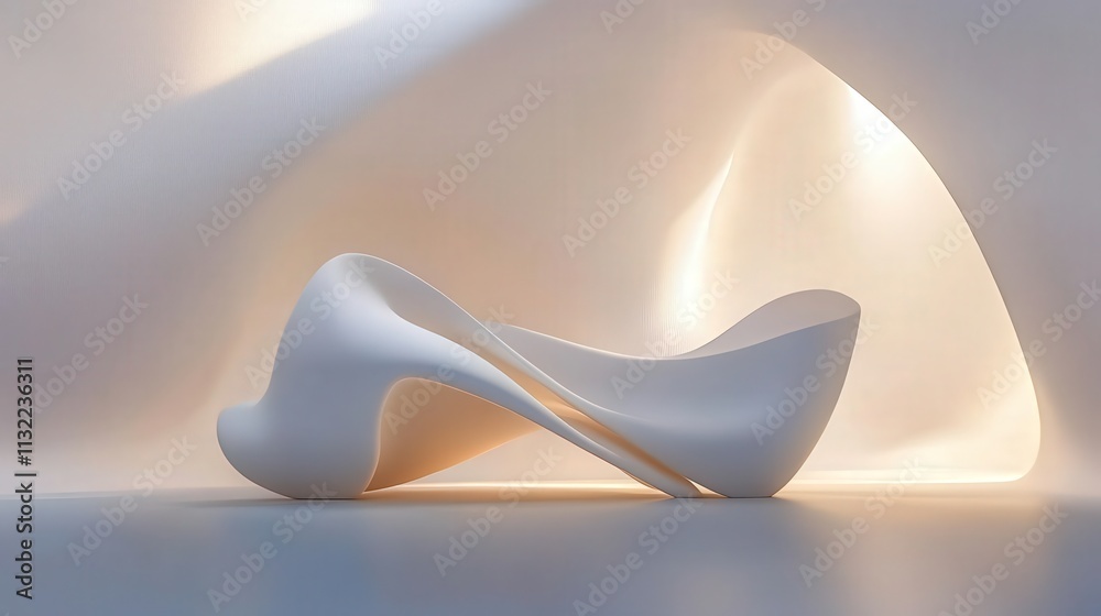 Poster create a serene 3d scene with a soft white background, featuring abstract forms that float gracefull