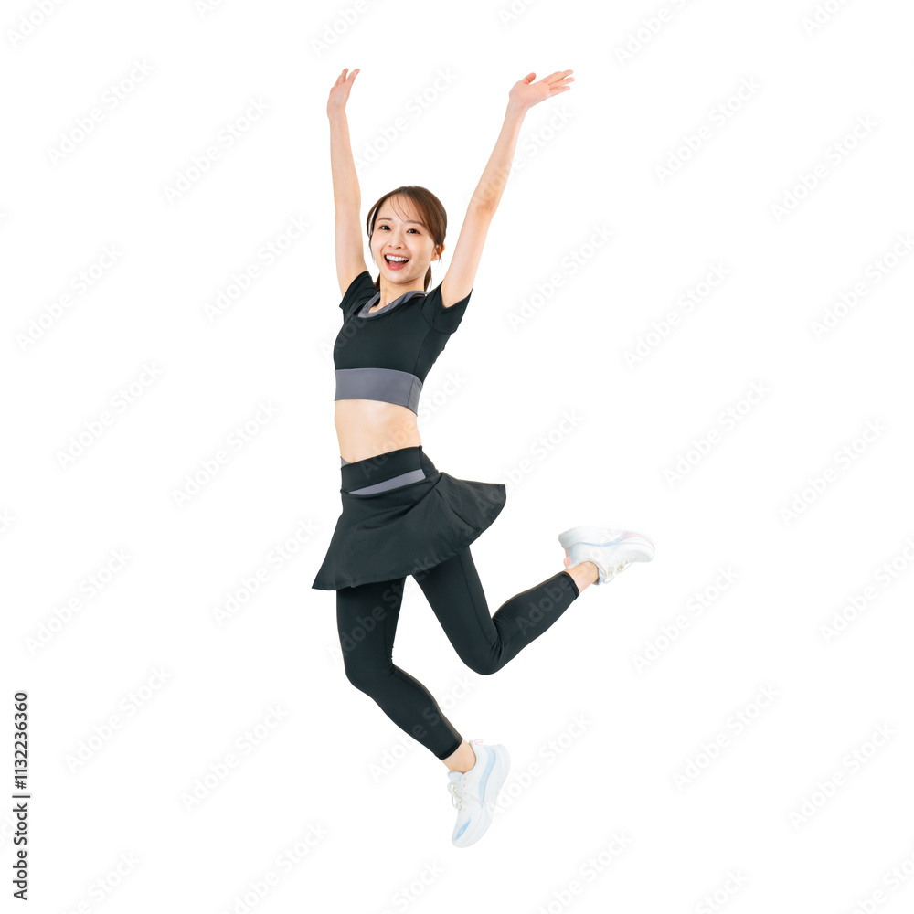 Aufkleber スポーツウェアを着てジャンプする女性　手作業で精密に切り抜いた背景透過全身写真png