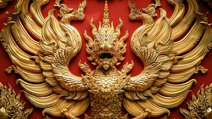 Fototapeta premium Intricate Golden Mythical Creature Sculpture with Five Heads Against Red Background for Art and Culture Representation