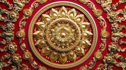 Naklejka premium Intricate Gold Floral Design on Vibrant Red Background Perfect for Decorative Art and Cultural Themes in Stock Photography