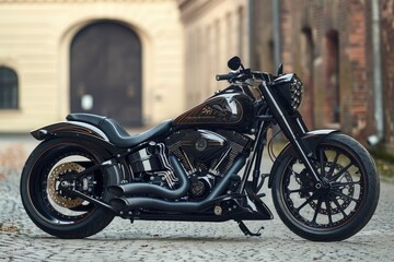 Black Harley Davidson Motorcycle with Custom Paint and Gold Accents