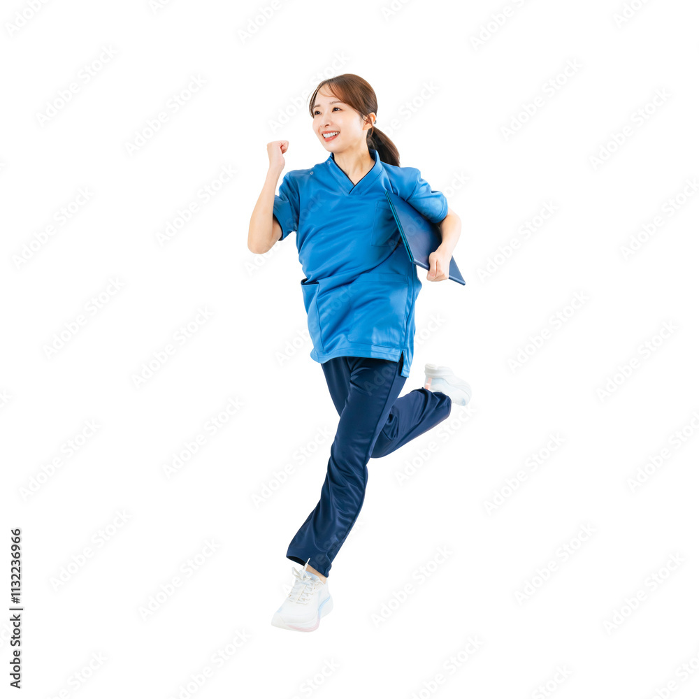 Aufkleber スクラブを着てジャンプする女性　手作業で精密に切り抜いた背景透過全身写真png