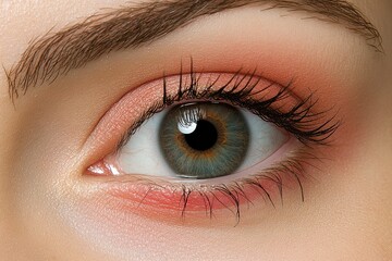 Obraz premium Close-up of a Green Eye with Peachy Makeup and Long Eyelashes