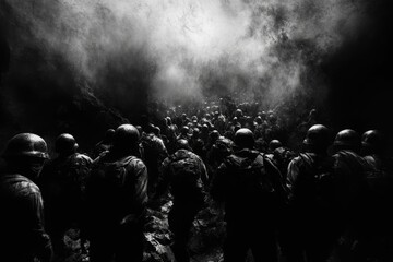 Naklejka premium Muddy soldiers advance, smoke-filled passage.