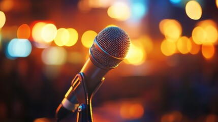 Speaker illuminated by media lights focus on clarity futuristic Manipulation interview setting