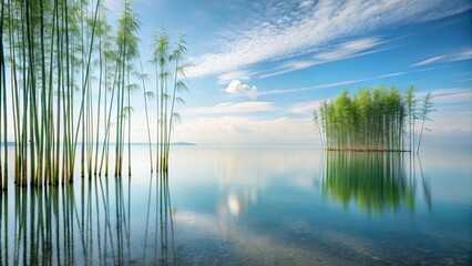 Serene landscape featuring slender reeds reflected in calm water under a bright sky