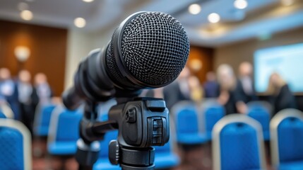 Speaker addressing media and public selective focus clarity whimsical Fusion meeting room