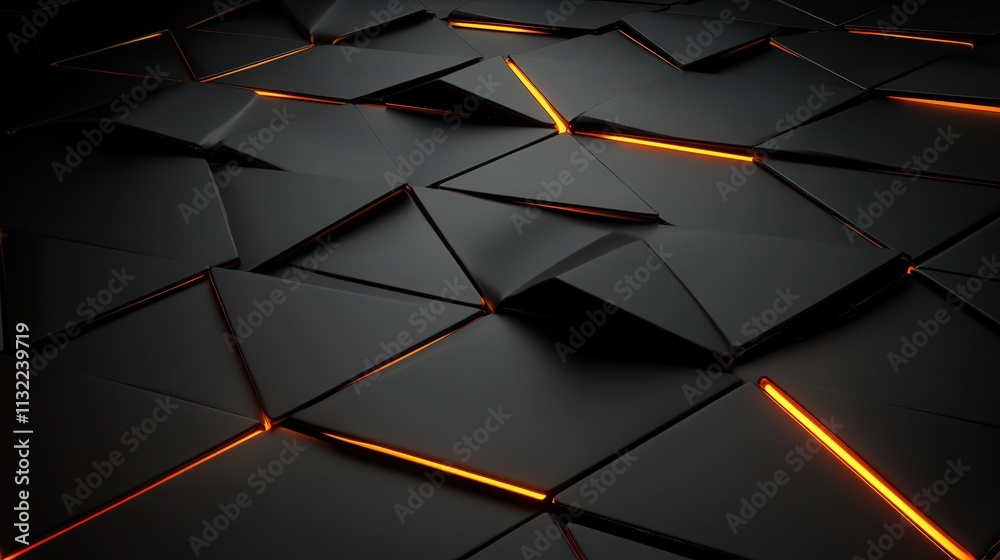 Aufkleber Design a dark, immersive background with a futuristic aesthetic, featuring triangular blocks that form a complex structure.