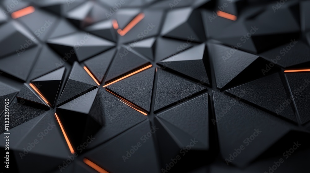 Aufkleber Design a dark, immersive background with a futuristic aesthetic, featuring triangular blocks that form a complex structure.