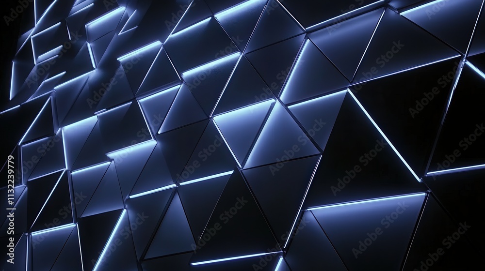 Aufkleber Design a dark, immersive background with a futuristic aesthetic, featuring triangular blocks that form a complex structure.