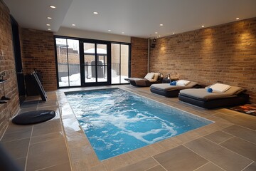 Indoor Pool with Loungers and Brick Walls